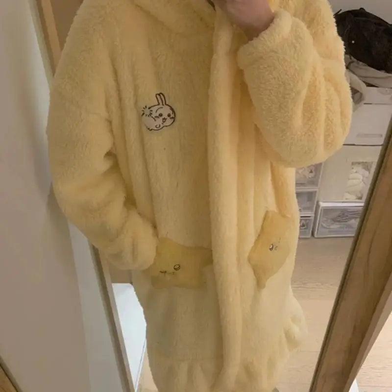 Kawaii Chiikawas Pajamas Coral Velvet Home Wear Long Length Nightgown Thick Cardigan Pant Cartoon Cute Girl Casual Home Clothing