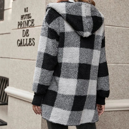 Frauen Herbst Winter Doppel Fleece Plaid Strickjacke Weiche Lose Lange Hülse Plüsch Warme Mit Kapuze Jacke Weibliche Patchwork Oberbekleidung Mantel