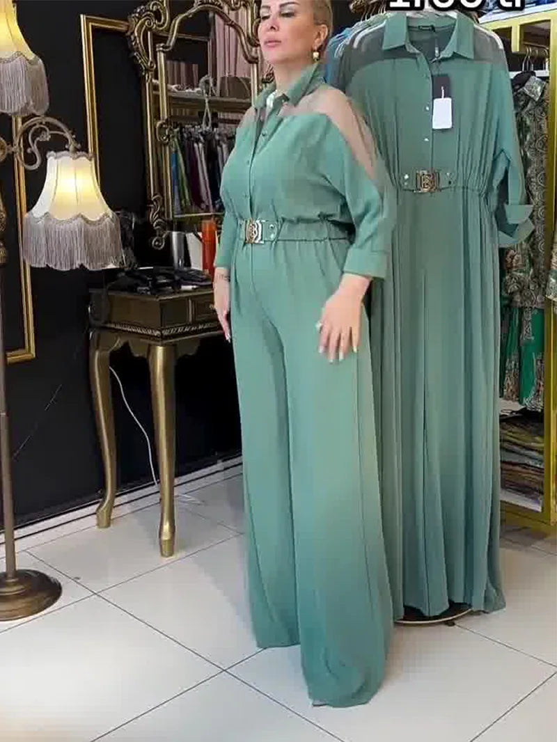 Jumpsuit Full Sleeve Turn Down Collar Office Lady Buttons The Waist Jumpsuits for Women 2024 One Piece Wide Leg Pants Rompers.