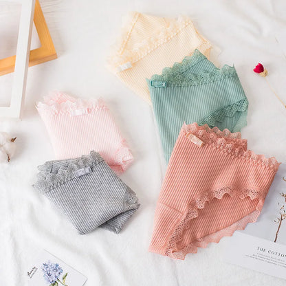 Cotton Panties Woman Sexy Lace Briefs Fashion Solid Color knickers Girls Bow Underpants Set Underwear 3 Pcs/lot.
