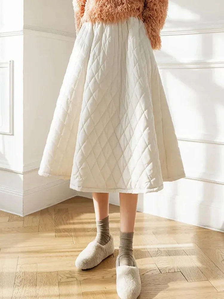 Autumn Winter Cotton Quilted Skirt Warm Womens A-line Faldas Vintage Thicken High Waist Saias Korean Fashion Knee-length Skirts.