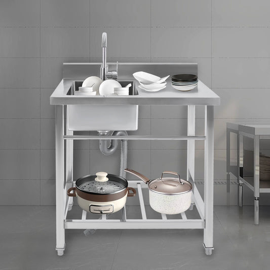 Einzelwaschbecken aus Edelstahl, kommerzielle Restaurant-Küchenspüle, freistehende Küchenspüle mit 360° °   Wasserhahn und 2 Einlassrohren