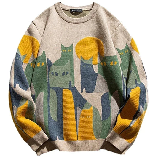 2024 Autumn Knitted Sweater Men Women Winter Harajuku Cartoon Full Cat Print Pullover Vintage Causal Loose Sweaters Streetwear.