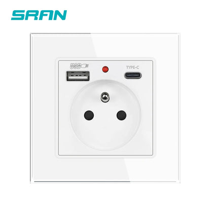 SRAN Französische USB-Wandsteckdose 5 V 2,1 A, Kristall-Hartglasscheibe 16 A 220 V 82 x 82 mm Steckdose Frankreich-Standard mit Abdeckung.