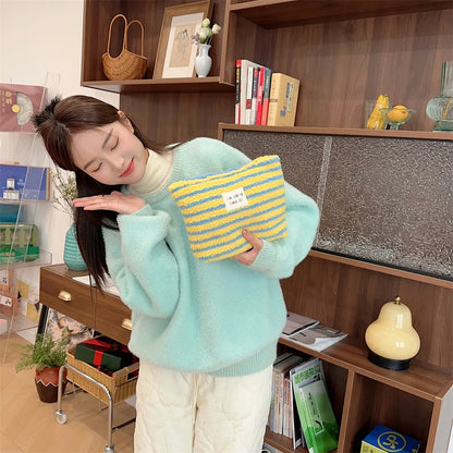 New Colorful Striped Dot Plush Clutch Cosmetic Bag Large Capacity Makeup Pouch Toiletries Bag Travel Outdoor Makeup Storage