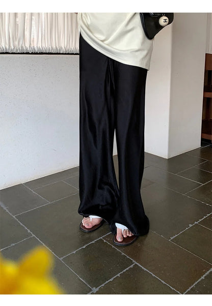 Satin Wide Leg Pants Long Floor Casual Pants Women's Summer.