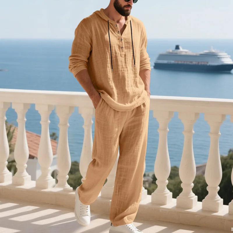 Cross-border Autumn Linen Men's Casual Suit Loose Hooded Henley Shirt Long Sleeve Pants Suit
