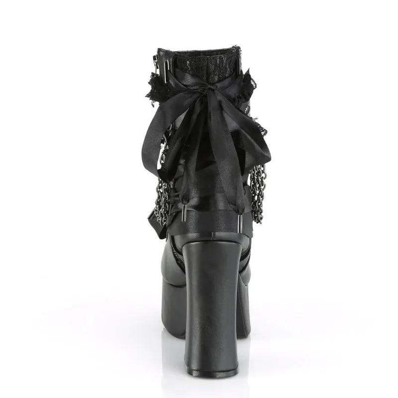 Gothic Style Chain Lace Up Bow Women Short Boots Retro Round Toe Square Heel Chunky Platform Ankle Boots Punk Ladies Party Shoes.