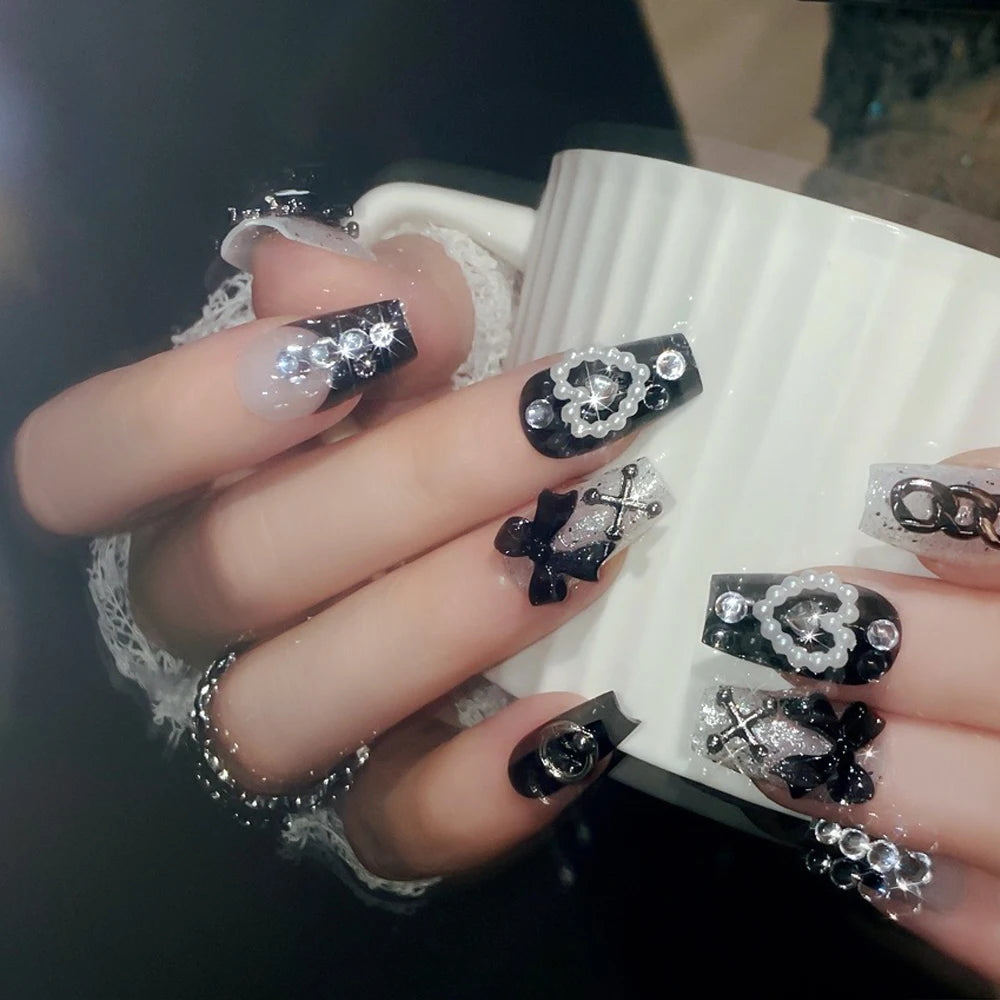24Pcs 3D kuromi press on nails Y2K Cartoon Handmade Fake Nails Black Gel nail Wearable Nails Cinnamoroll Melody Anime False Nail.
