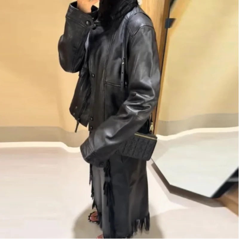 Street PU Leather Loose Jacket Women Fashion Solid Full Sleeve Stand Collar Single Breasted Coats Female 2025 Autumn Lady Coat