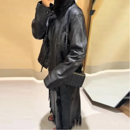 Street PU Leather Loose Jacket Women Fashion Solid Full Sleeve Stand Collar Single Breasted Coats Female 2025 Autumn Lady Coat