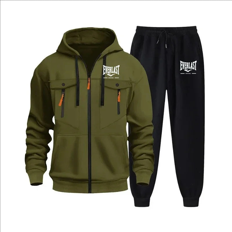 Autumn and winter new men's sweatshirt sport set, fashionable windproof and warm men's zipper hoodie and pants 2-piece set.