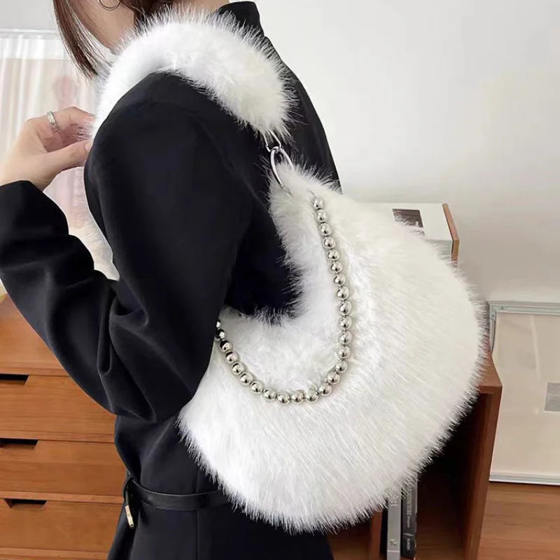 Luxurious Faux Fur Tote Bag Chic Underarm Shoulder Bag Stylish Handbag & Purse with Pearl Chain Strap, Polyester Lined Interior.