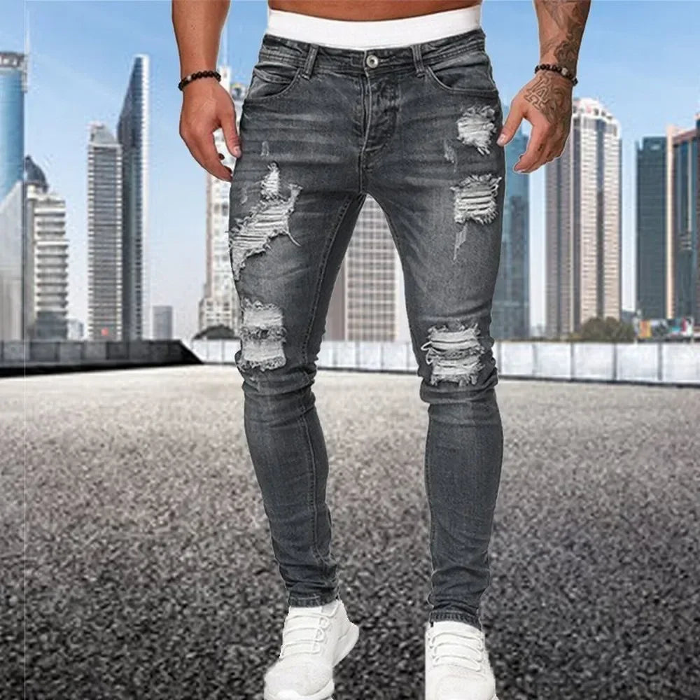 2024 New Retro Ripped Pencil Small Foot Skinny Jeans for Men Motorcycle Streetwear Stretch Straight Casual Slim Jeans Male.