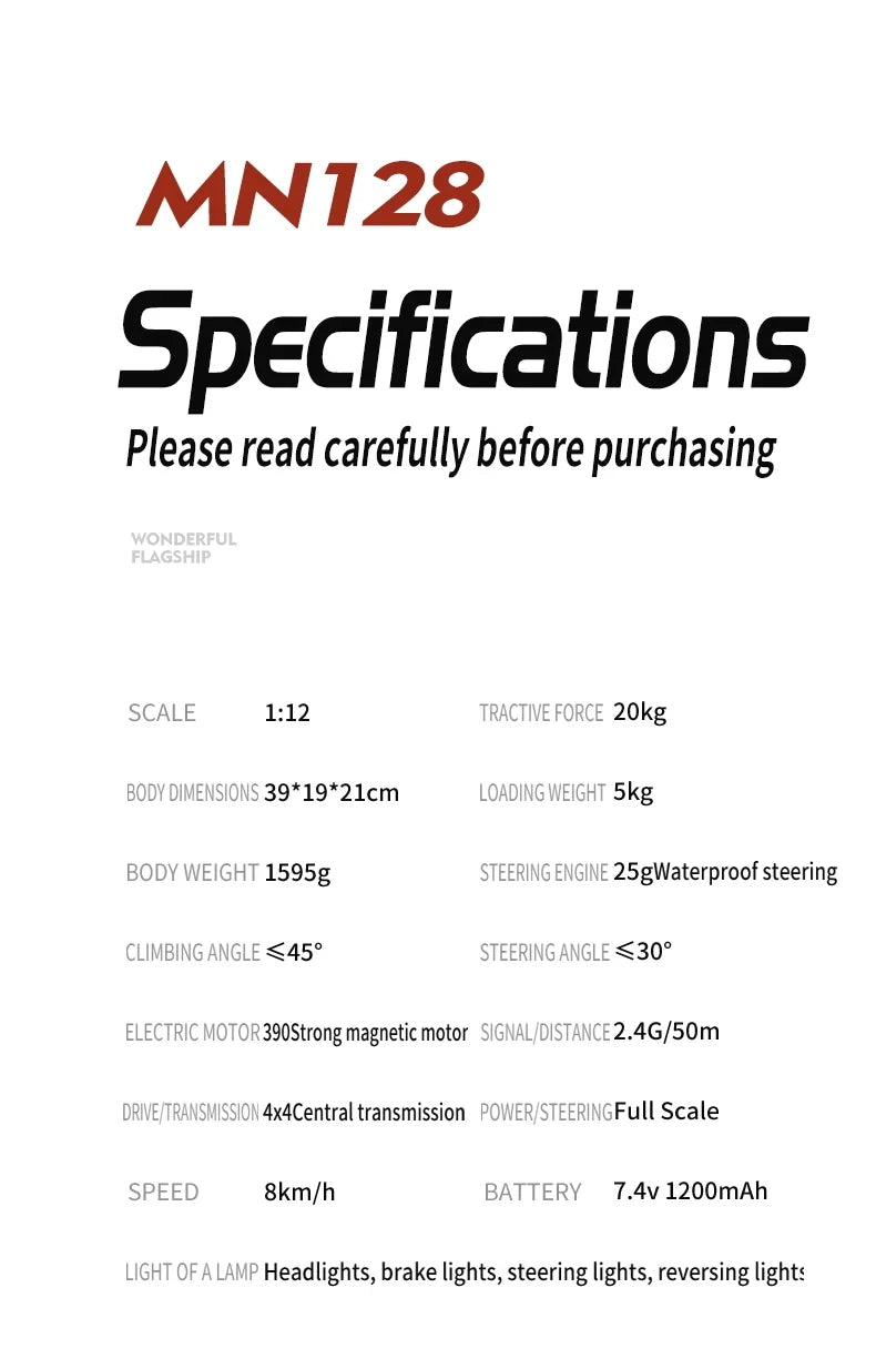 1/12 MN128 RC Car 4WD Jeep Model 2.4G Remote Control LED Light 4X4 Off Road 4WD Climbing RC Truck Electric Toy Car Gift for Boy