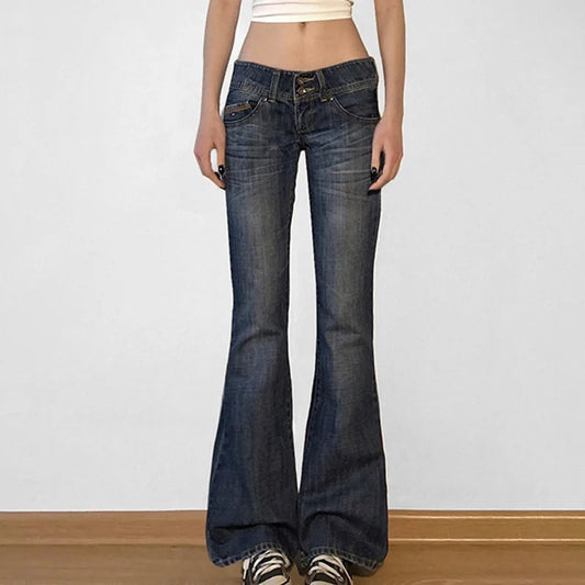 Vintage Y2K Flared Jeans Retro Button-up Low Rise Casual Denim Hose Harajuku 2000er Jahre Hose Basic Aesthetic Mom