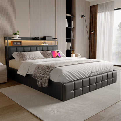 Rosahqnda Kissenbett, gepolstertes hydraulisches Bettgestell, graues Leinenkopfteil, Leinenstoff ohne Matratze