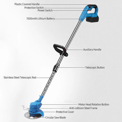 21 V Teleskop-Hand-Akku-Rasentrimmer, elektrischer Rasenmäher, 2 Stück, 1500 mAh wiederaufladbarer Akku, Schnellladegerät, Trimmer