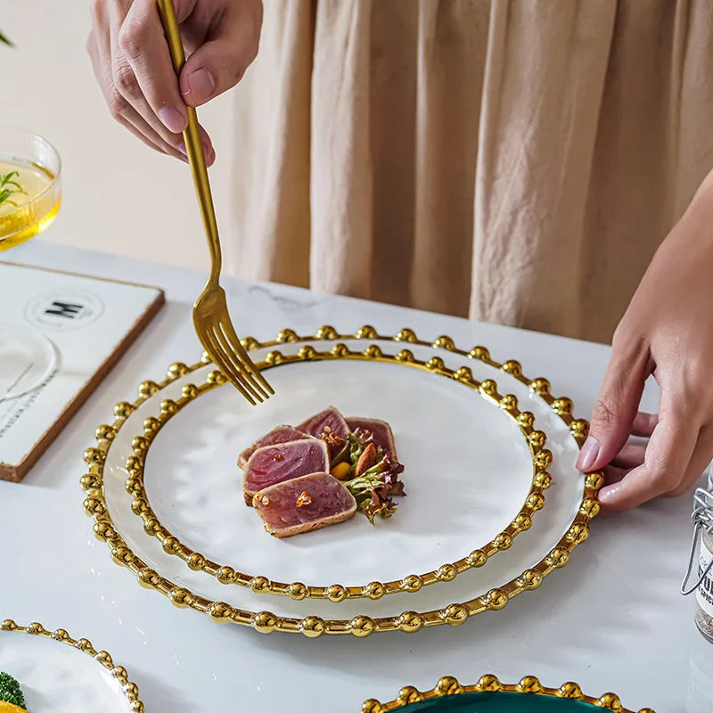 Nordic Ins Style Golden Edge Bead Plate Western Food Steak Plate Home Network Red Dish Creative Tableware Plate Breakfast Salad.