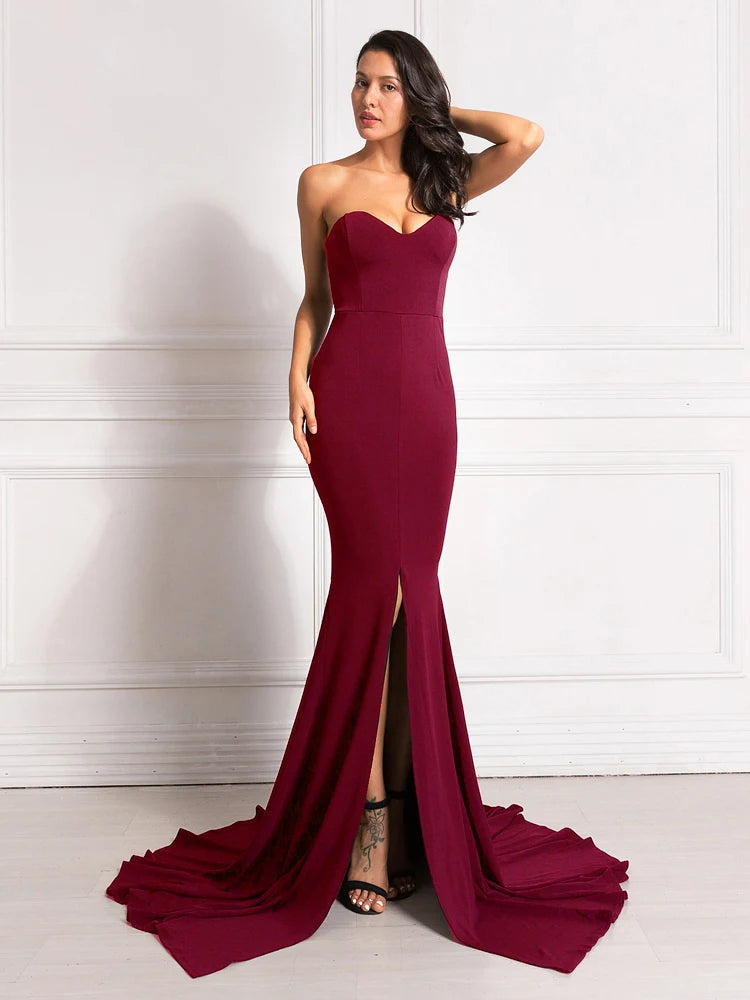 Sexy trägerloses langes schwarzes Maxikleid mit Vorderschlitz, nackte Schulter, rot, Damen-Abend-Sommer-Nachtkleid, Party, Umstandskleider