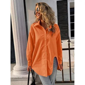 New Long Sleeve Ladies Tops Blouses Button Down Casual Shirt Women Turn-down Solid Collar Loose Blouse Women