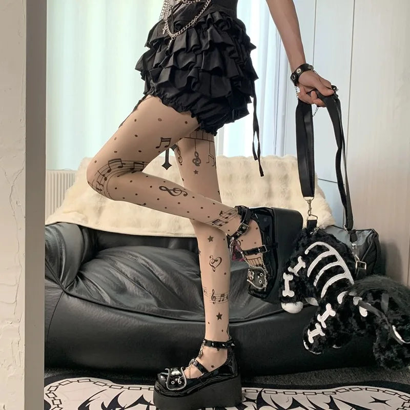 Women Personalized Stocking Gothic Music Notes Print Tights Thin High Elasticity Black Skin Leggings Spicy Girls Y2K Hosiery