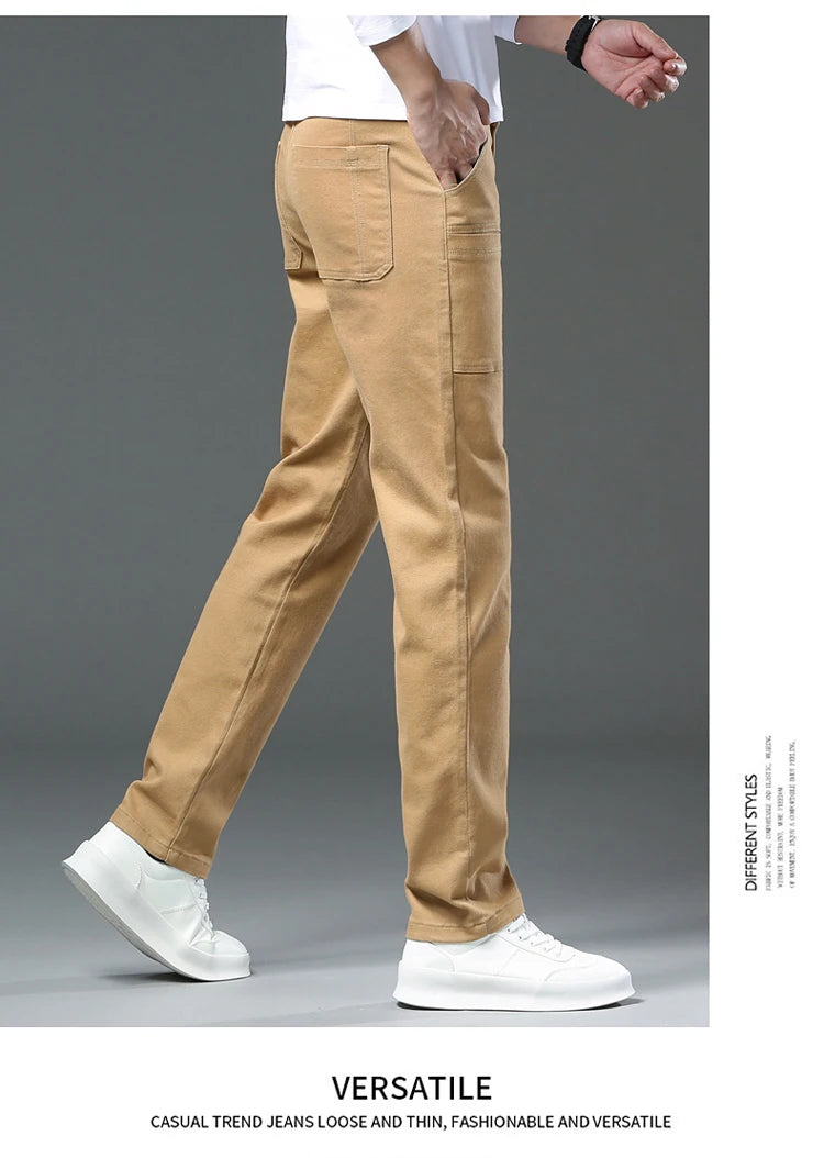 Spring and Autumn Men's Multi-Pocket Design Jeans Fashionable and Versatile White Khaki Red Comfortable Stretch Denim Pants.