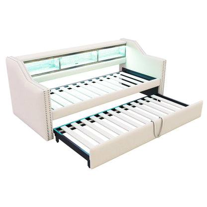 Ausziehbares Schlafsofa 90/180 x 190 cm, multifunktionales Aufbewahrungsfach, LED-Licht und USB-Buchse, mit Gitter, Dunkelgrau