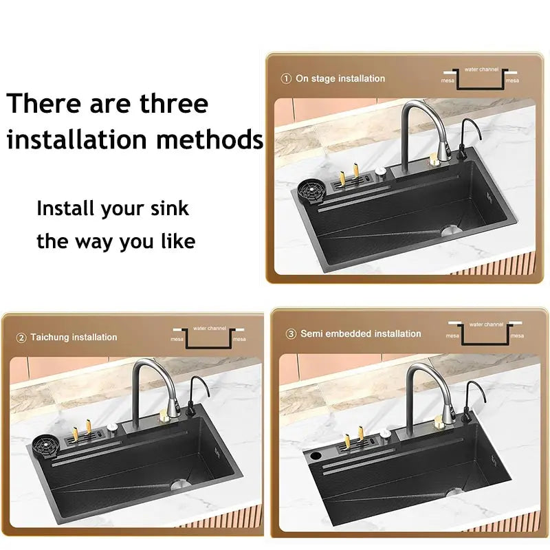 Large Single Slot Embossed Stainless Steel Waterfall Kitchen Sink  Household Wash basin Dishwashing  Sink For Kitchen