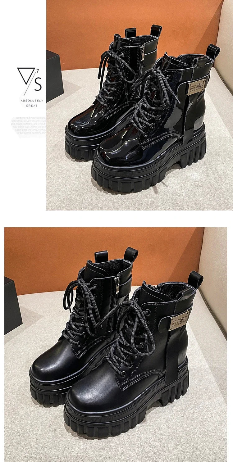 Women's High Platform Motorcycles Boots Winter 10CM Wedge Heels Warm Ankle Boots Chunky Sneakers New Autumn Leather Shoes Woman.
