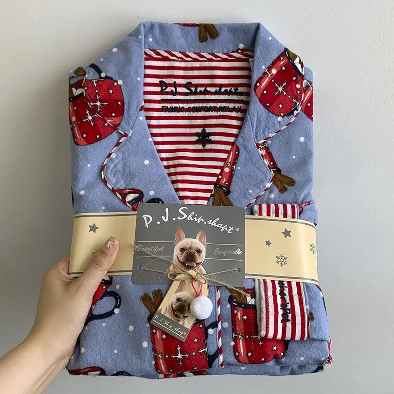 2025 New Pajamas Suit Cotton 2 Piece Set Women Print Cartoon Nightwear Long Sleeve Trousers Set Autumn Loungewear Home Clothes