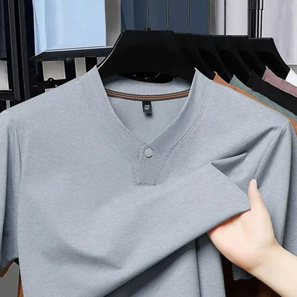 Men's T-shirt Classic V-Neck Short Sleeved Cotton Solid Button Super Soft High Quality L-4XL Casual Tshirt Design Men Tee Shirts.