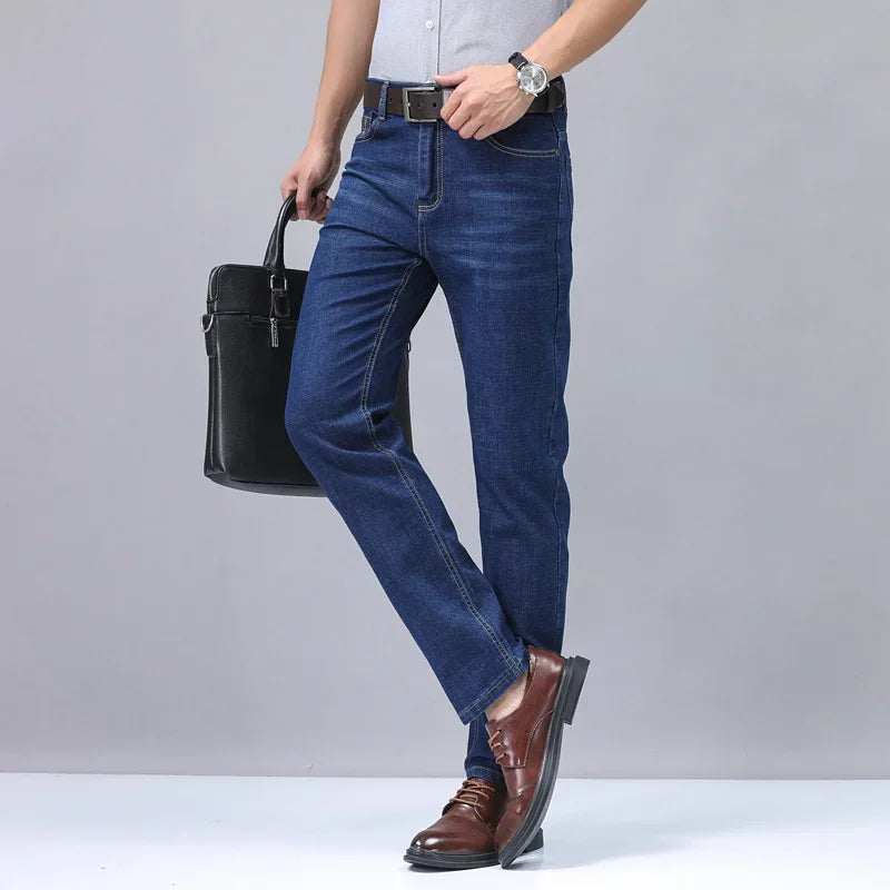 2024 New Brand Men's Fit Straight Lightweight Cotton Stretch Denim Pants Casual Male High Waist Thin Light Blue Business Jeans