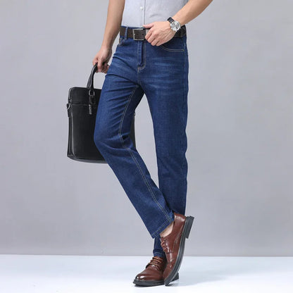 2024 New Brand Men's Fit Straight Lightweight Cotton Stretch Denim Pants Casual Male High Waist Thin Light Blue Business Jeans