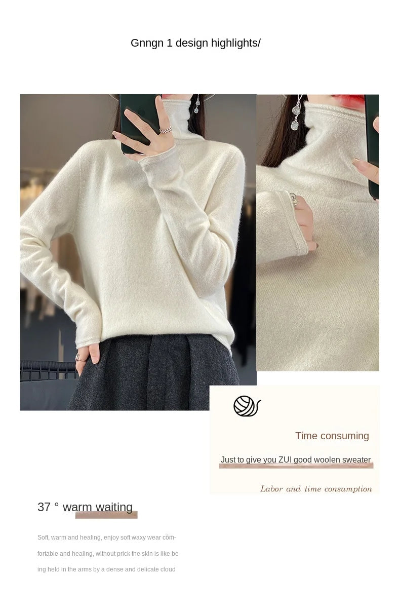 2025 100% Merino Wool Sweater Elegant Cashmere Pullover Women Pile Collar Long Sleeve Knitwear Basic Clothing  Jumper Tops.