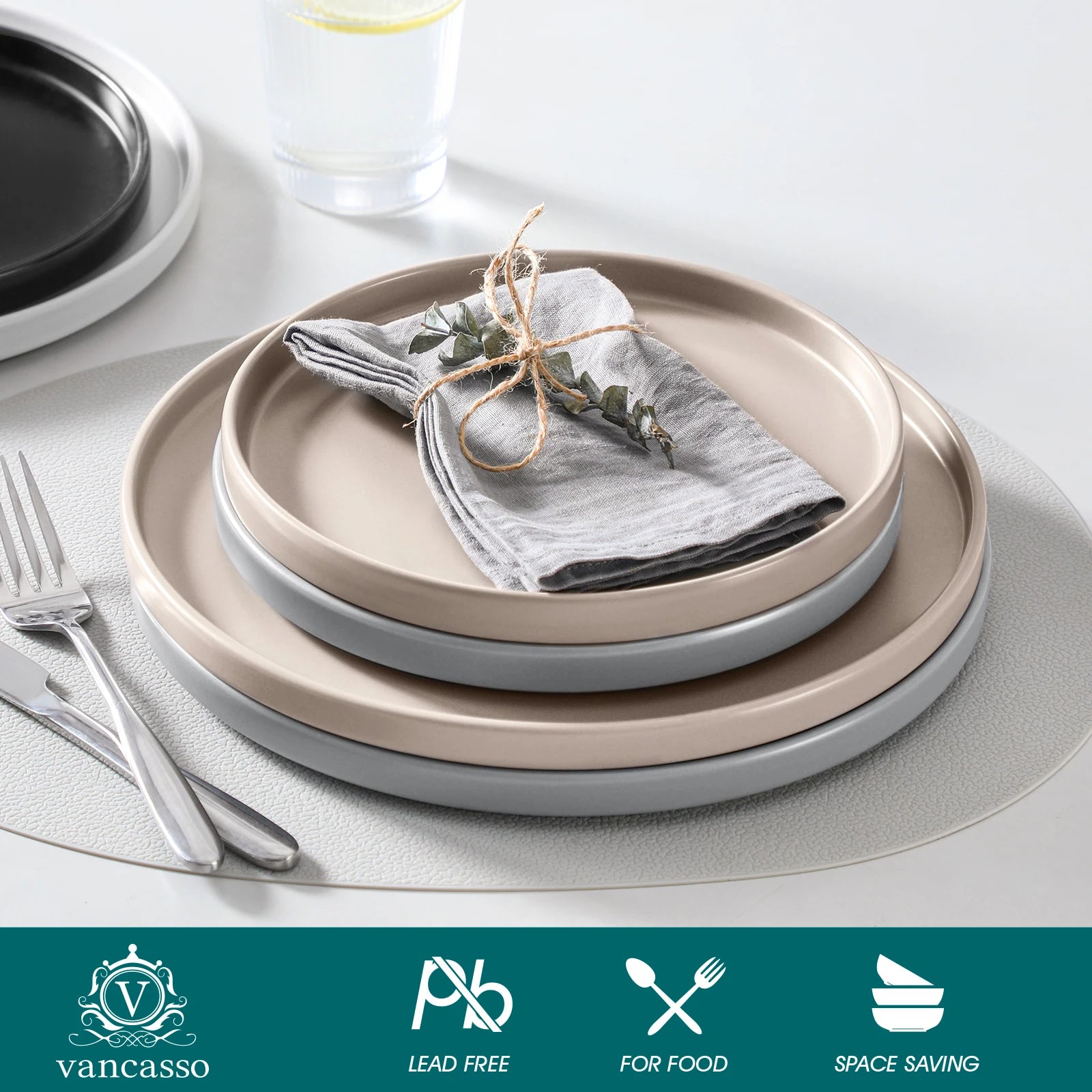 VANCASSO 6Piece Beige/WHITE/BLUE/Dark Blue/GREY/Black Stoneware Tableware Set with Dinner/Dessert Plate/Bowl For 6 Person.