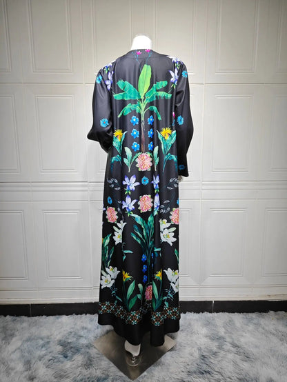 2025 Elegant Dubai Floral Print with Hijab Kimono Abaya Dress Luxury Saudi Arabia Muslim Women Islamic Middle East Turkey Robe