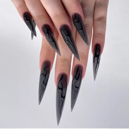 24Pcs Glossy Long Almond Halloween Press On Nails Black And White Horror Style Fake Nails With Rhinestone Reusable False Nails.