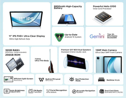 DOOGEE Tab E3 Tablet 11" Screen Android 15 Gemini AI 7.5mm Ultra-thin 32GB (8+24) 256GB Dual Speakers 8800mAh Battery Smart Pad.