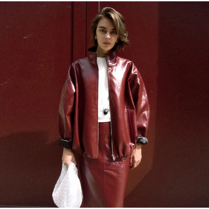 Stylish Leather Solid Jacket Pants Set Women Stand Collar Zipper Coat Loose Trousers Sets Female 2025 Autumn Fashion Streetwears