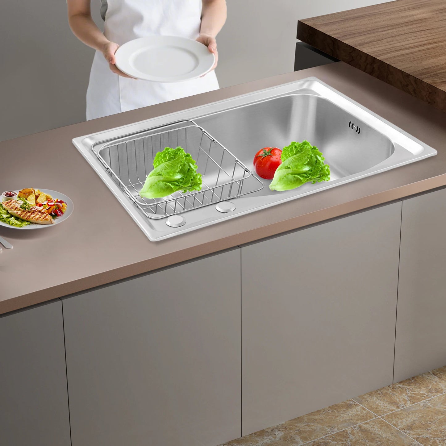 Stainless Steel Kitchen Sink Set, Single Bowl 25.6" Undermount/Overmount Sink with Draining Basket & Accessories