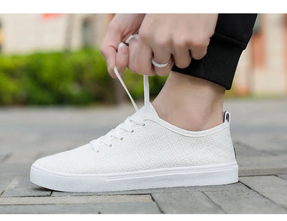 Men's Canvas Shoes Summer Breathable Lightweight Korean Style Shallow Mouth Loafers Non-slip Casual Lace Up Walking Sneakers.