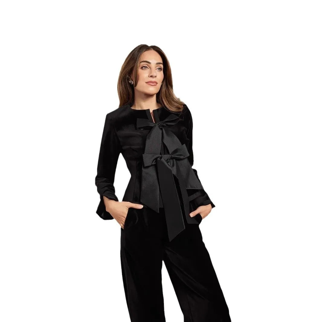 Muslim 2 Piece Set Women Cardigan Coat Wide Leg Pants Suit Bow Morocco Dubai Islam Casual Ensemble Femme Arabic Trousers Outfits.