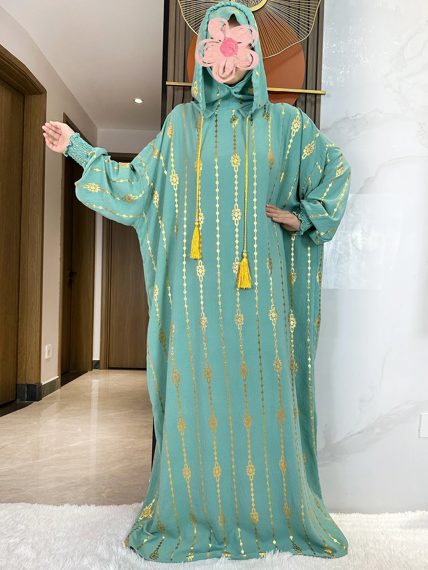 New Cotton Ramadan Muslim Two-Hat Abaya Dubai Turkey Islam Prayer Clothes Gold Dust   Dress Islam Women Dress Kaftan.