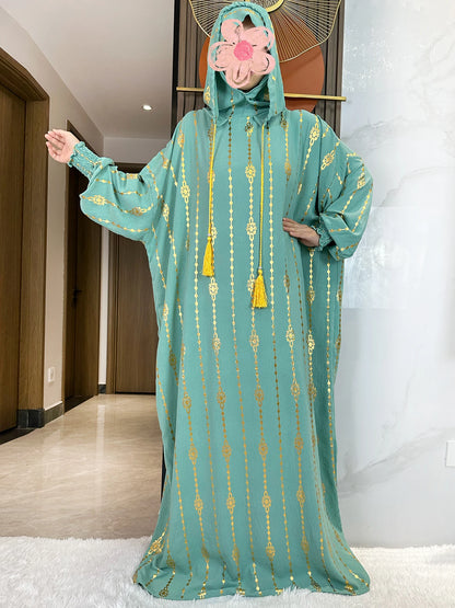 New Cotton Ramadan Muslim Two-Hat Abaya Dubai Turkey Islam Prayer Clothes Gold Dust   Dress Islam Women Dress Kaftan.