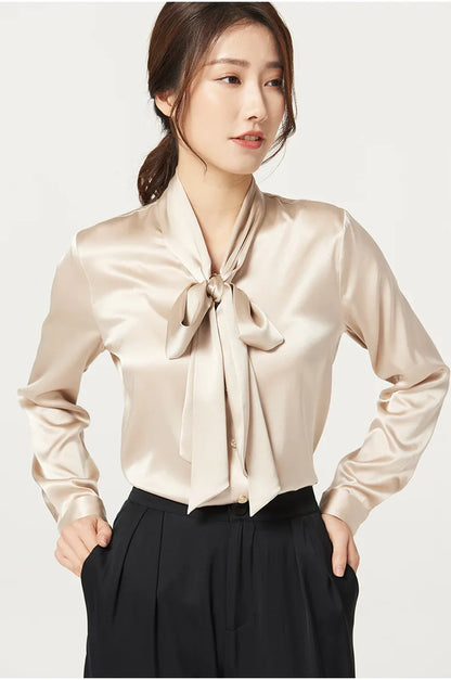 Heavyweight Mulberry Silk Shirt Women's 2025 Spring And Autumn New Long Sleeve Satin Silk Blouse V-neck Bow Ribbon Shirt