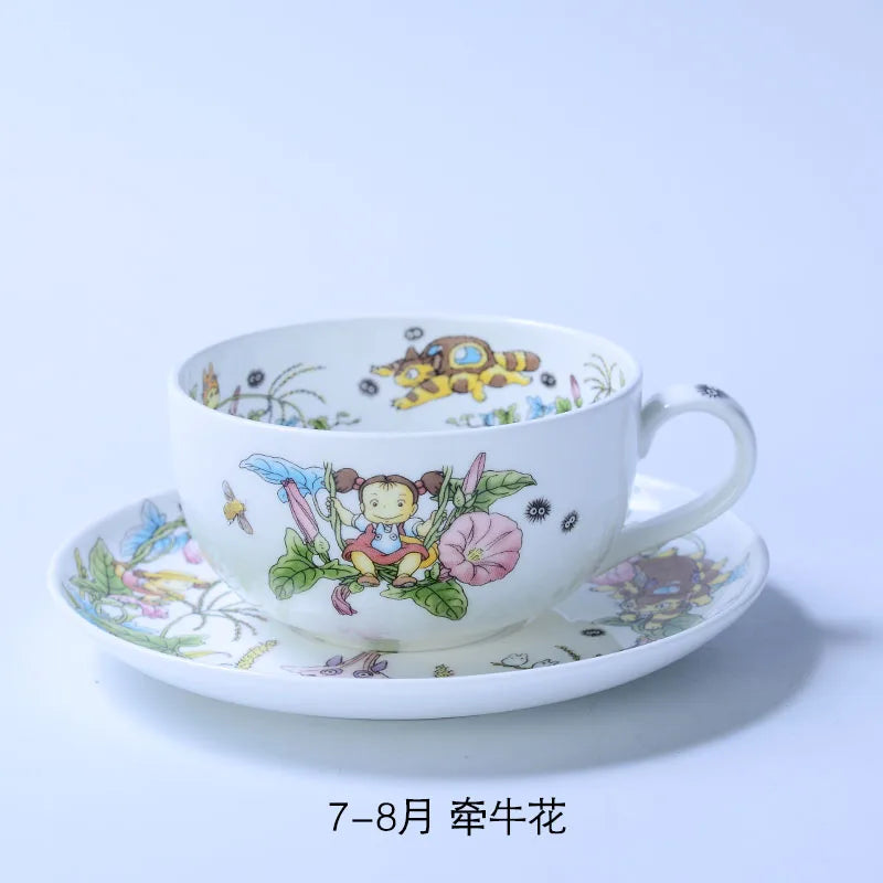 Bone China Dinner Plate Anime Cup and Saucer Set Coffee Mug Cute Cartoon Pattern Ceramic 9.5 Inch Dish Household Tableware Gift.