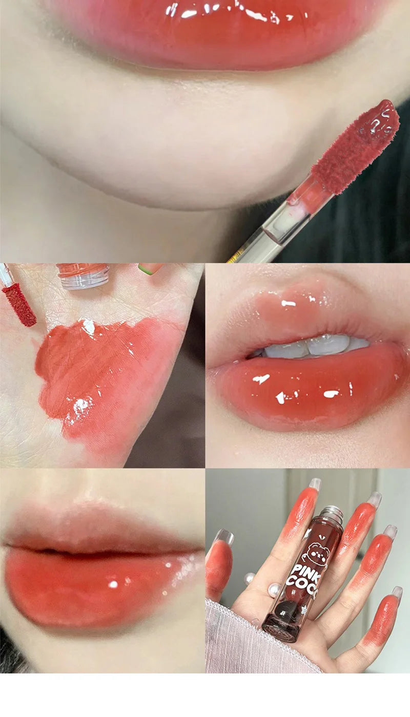 PINKCOCO Bear Doodle Mirror Lip Glaze — Long-Lasting Shiny Lip Gloss, Student-Friendly, Skin-Brightening Nude Lipstick.