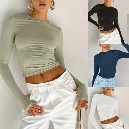 Modisches Damen-T-Shirt mit langen Ärmeln, Rundhalsausschnitt, solides Slim-Fit-Damen-Crop-Top mit Daumenlöchern für den täglichen Streetwear-Sommer-Camis