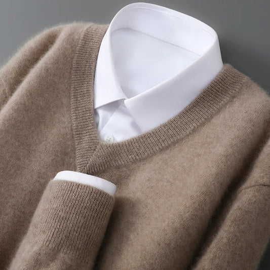 2025 Autumn Winter New Men's Wool Sweater Solid Color V-Neck Pullover Sweater Casual Loose Business Knit Plus Size Base Sweaters.